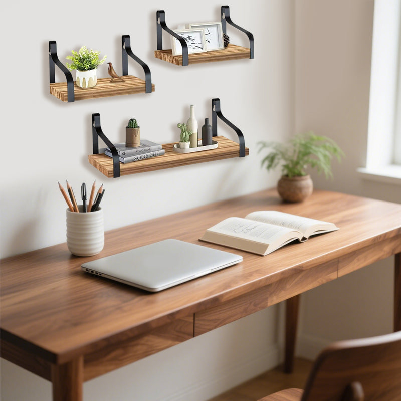3 Pcs Wood Floating Shelves - Wooden Floating Shelves arranged above a wooden desk, showcasing plants, books, and decor in a minimalist workspace.