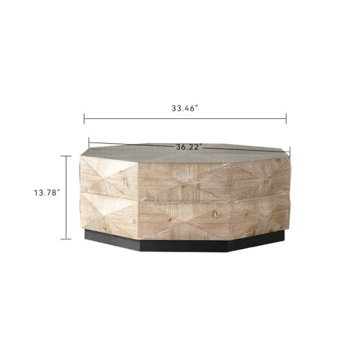 Dimensions of Retro Octagon Wood Coffee Table shown with width 36.22 inches and height 13.78 inches, ideal for small spaces.