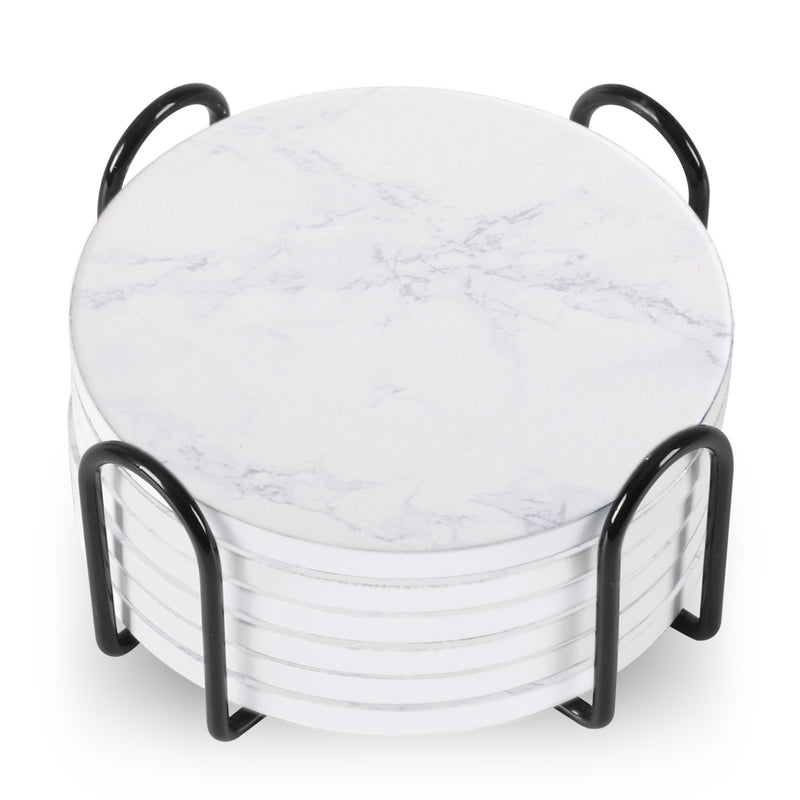 Set of 6 ceramic beverage coasters with an elegant holder stand, designed to protect tabletops and add a stylish touch to home decor.