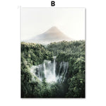 Coconut Tree Canvas Art - Modern Forest Canvas | Bamboo Quote featuring a serene mountain waterfall surrounded by dense green forest.