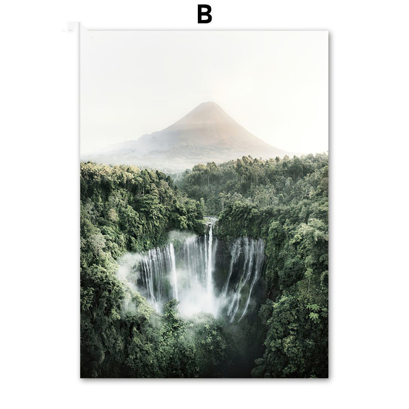 Coconut Tree Canvas Art - Modern Forest Canvas | Bamboo Quote featuring a serene mountain waterfall surrounded by dense green forest.