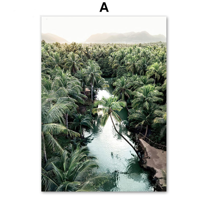 Coconut Tree Canvas Art - Modern Forest Canvas | Bamboo Quote print showing a lush coconut tree forest with a winding river and tropical ambiance.