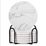 Set of 6 ceramic beverage coasters with an elegant holder stand, designed to protect tabletops and add a stylish touch to home decor.