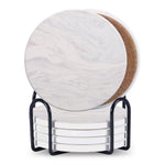 Set of 6 ceramic beverage coasters with an elegant holder stand, designed to protect tabletops and add a stylish touch to home decor.