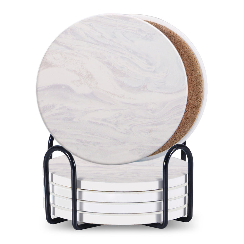 Set of 6 ceramic beverage coasters with an elegant holder stand, designed to protect tabletops and add a stylish touch to home decor.