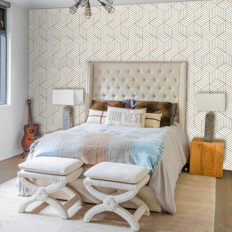 Self-adhesive hexagon wallpaper featured in a cozy bedroom with tufted headboard and neutral decor. Perfect for stylish wall renovation.