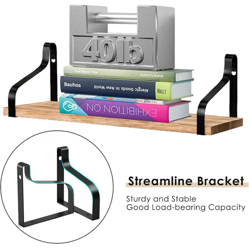 Wood Floating Shelf supporting 40lb weight with books and decor, featuring durable streamline metal brackets for strong load-bearing capacity.