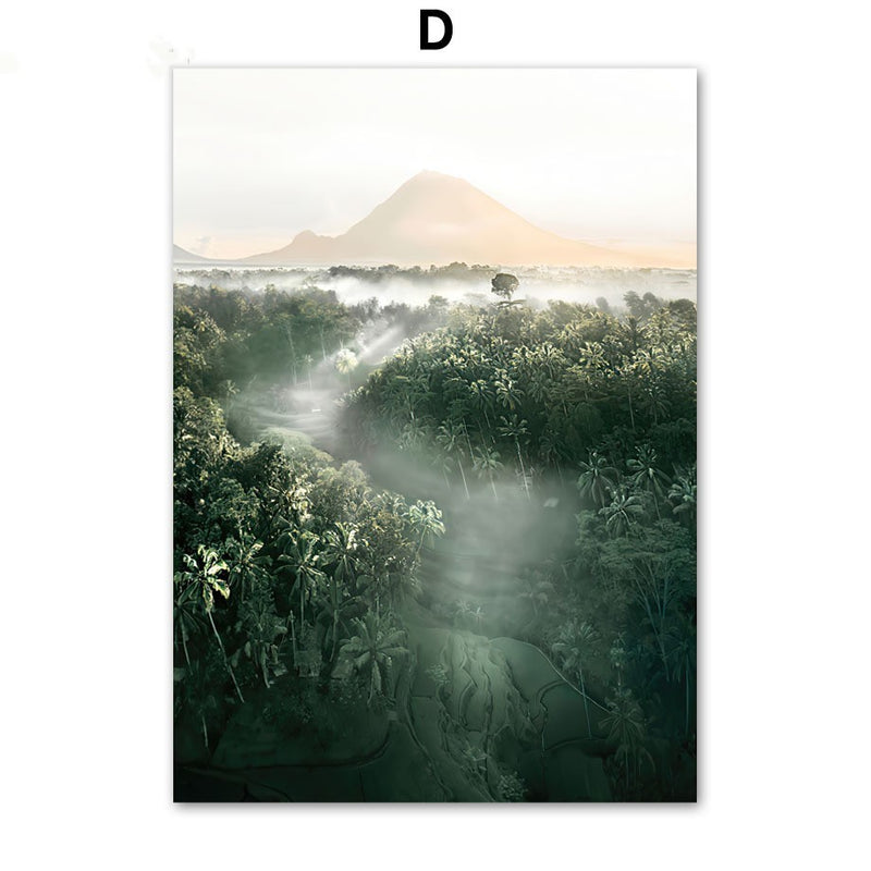 Coconut Tree Canvas Art - Modern Forest Canvas | Bamboo Quote showing misty mountain views over a dense coconut tree forest.