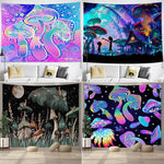 Set of four bohemian tapestry wall decor designs with fantasy mushroom themes in vibrant colors. Polyester fiber perfect for eclectic bedroom styling.