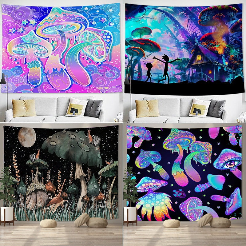 Set of four bohemian tapestry wall decor designs with fantasy mushroom themes in vibrant colors. Polyester fiber perfect for eclectic bedroom styling.