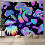 Bohemian tapestry wall decor with neon fantasy mushrooms and cosmic elements on a black background. Polyester fiber ideal for modern room decor.