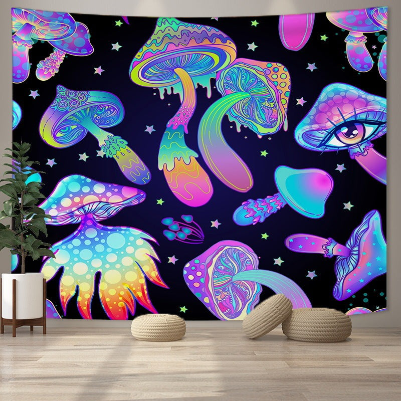 Bohemian tapestry wall decor with neon fantasy mushrooms and cosmic elements on a black background. Polyester fiber ideal for modern room decor.