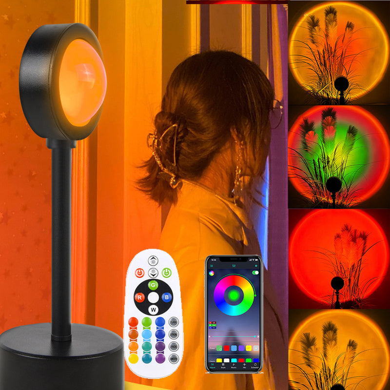 Sunset Projection Lamp - Adjustable Decor with remote and app control, casting vibrant sunset hues for ambient night lighting and room decor.