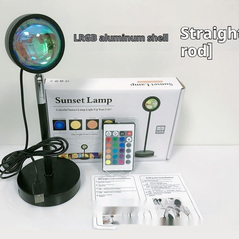Sunset Projection Lamp - Adjustable Decor with straight rod and RGB lighting, includes remote and USB for easy setup.