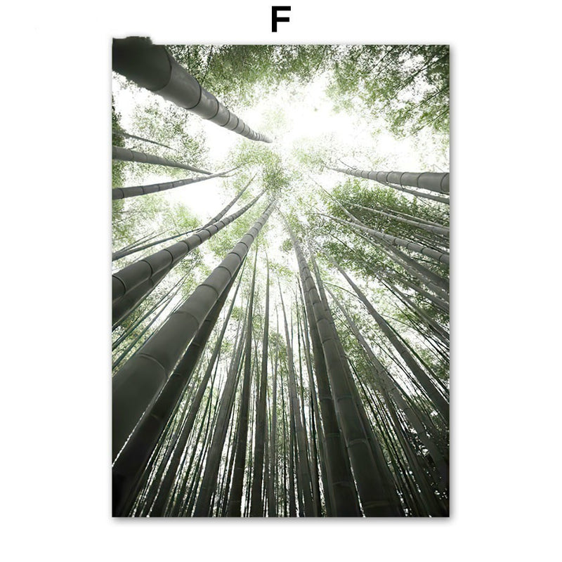Coconut Tree Canvas Art - Modern Forest Canvas | Bamboo Quote with a vertical view of tall bamboo trees reaching toward the sky.