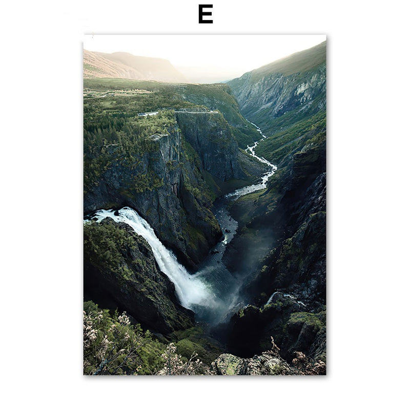 Coconut Tree Canvas Art - Modern Forest Canvas | Bamboo Quote featuring a dramatic canyon landscape with a flowing waterfall.