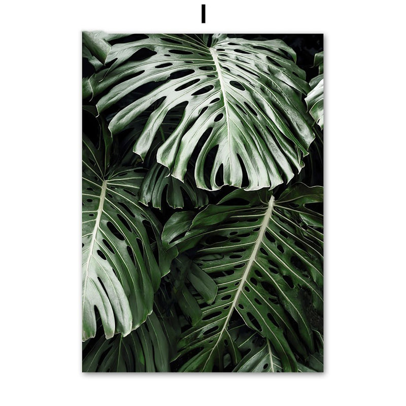 Coconut Tree Canvas Art - Modern Forest Canvas | Bamboo Quote featuring layered monstera leaves in deep green tones for a jungle aesthetic.