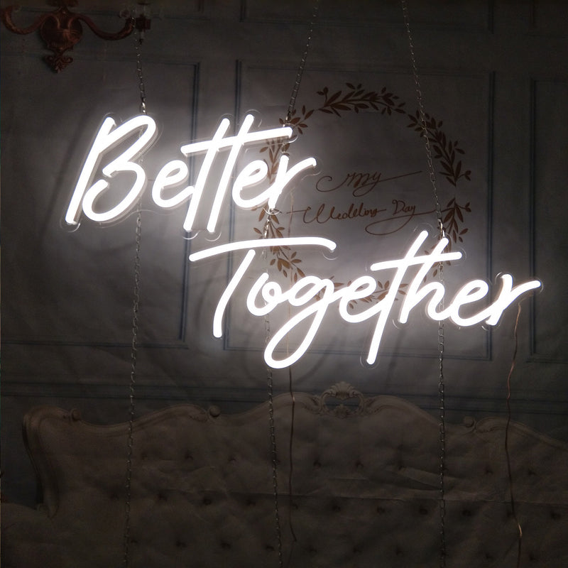 Better Together LED Neon Sign in white, complements the Oh Baby LED Neon Sign - Birthday Light Decor for weddings or romantic celebrations.