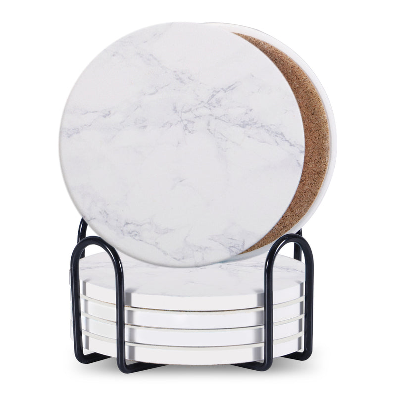 Set of 6 ceramic beverage coasters with an elegant holder stand, designed to protect tabletops and add a stylish touch to home decor.