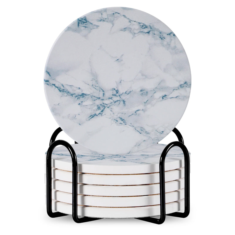 Set of 6 ceramic beverage coasters with an elegant holder stand, designed to protect tabletops and add a stylish touch to home decor.