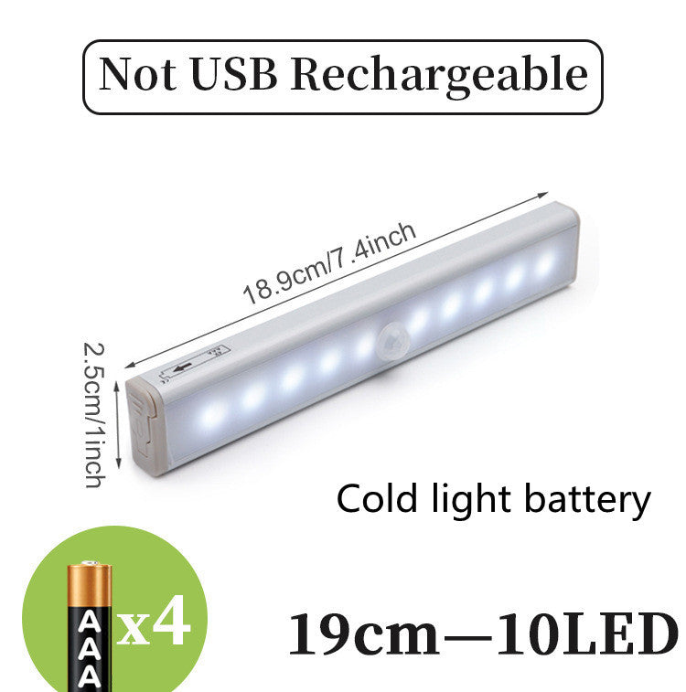USB rechargeable LED sensor light bar mounted under a cabinet, emitting bright white light with a sleek modern design