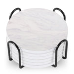 Set of 6 ceramic beverage coasters with an elegant holder stand, designed to protect tabletops and add a stylish touch to home decor.