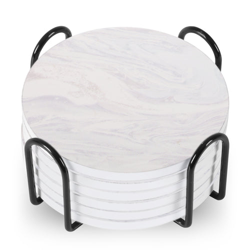 Set of 6 ceramic beverage coasters with an elegant holder stand, designed to protect tabletops and add a stylish touch to home decor.