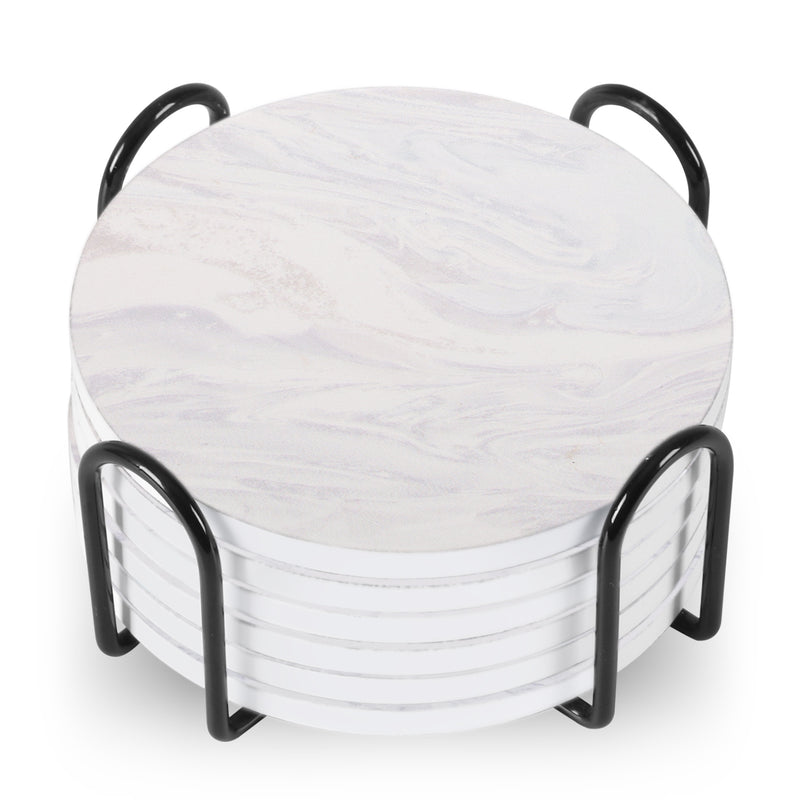 Set of 6 ceramic beverage coasters with an elegant holder stand, designed to protect tabletops and add a stylish touch to home decor.
