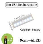 USB rechargeable LED sensor light bar mounted under a cabinet, emitting bright white light with a sleek modern design