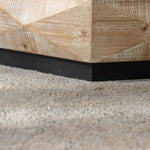 Base detail of Retro Octagon Coffee Table with black foundation and textured wood finish, emphasizing durability and stability.