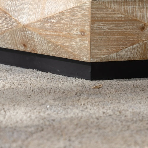 Base detail of Retro Octagon Coffee Table with black foundation and textured wood finish, emphasizing durability and stability.