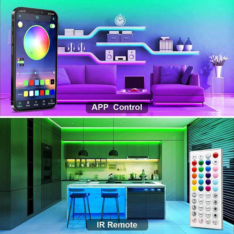 Bluetooth Music LED Strip - Energy Efficient used in living room and kitchen with app and IR remote control for customizable ambient lighting.