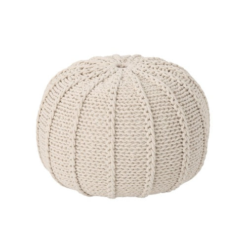 Knitted Beige Cotton Pouf Ottoman with ribbed texture and round shape, perfect for living room floor decor or casual seating.