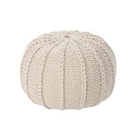 Knitted Beige Cotton Pouf Ottoman with ribbed texture and round shape, perfect for living room floor decor or casual seating.