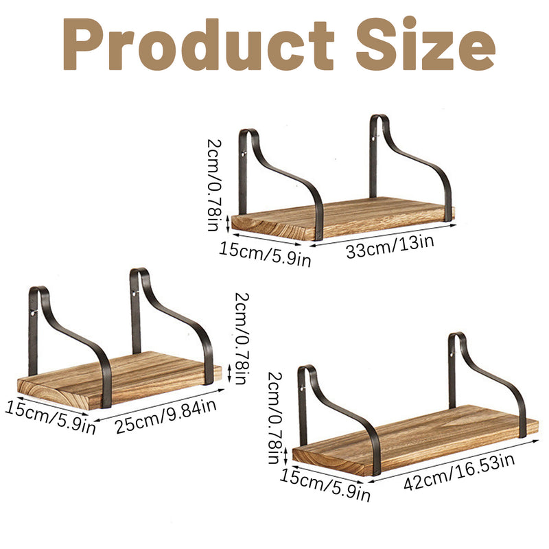 Product size chart for 3 Pcs Wood Floating Shelves - Wooden Floating Shelves, showing dimensions and bracket design for each shelf size.