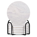 Set of 6 ceramic beverage coasters with an elegant holder stand, designed to protect tabletops and add a stylish touch to home decor.