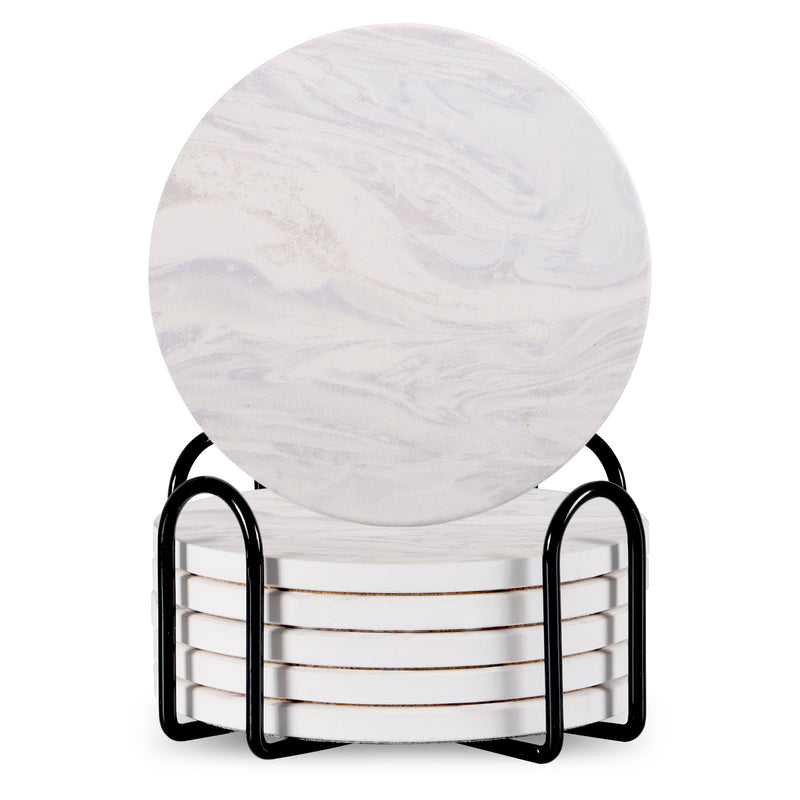 Set of 6 ceramic beverage coasters with an elegant holder stand, designed to protect tabletops and add a stylish touch to home decor.