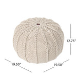 Cotton Pouf Ottoman - Knitted Beige Pouf with dimensions 19.5 x 19.5 x 12.75 inches, ideal for floor seating or as a stylish ottoman.