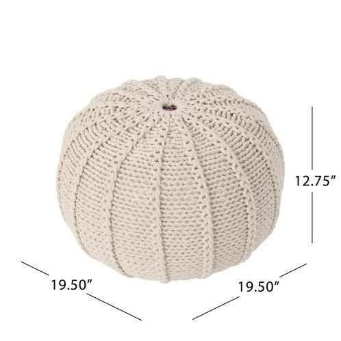 Cotton Pouf Ottoman - Knitted Beige Pouf with dimensions 19.5 x 19.5 x 12.75 inches, ideal for floor seating or as a stylish ottoman.