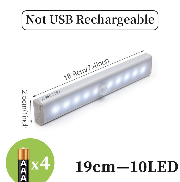 USB rechargeable LED sensor light bar mounted under a cabinet, emitting bright white light with a sleek modern design