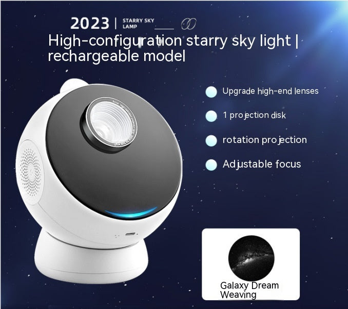 Rechargeable Galaxy Star Light Projector with adjustable focus and single projection disk for ambient lighting and starry sky simulation.
