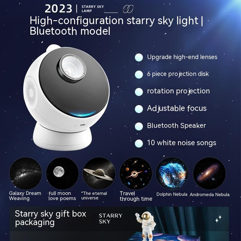 Bluetooth Galaxy Star Light Projector with 12 themed projection disks, white noise, and adjustable focus for ambient lighting and starry sky visuals.
