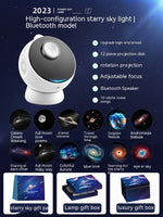 Glow Mode Galaxy Star Light Projector featuring Bluetooth speaker, 12 projection disks, and adjustable focus for ambience lighting and galaxy effects.