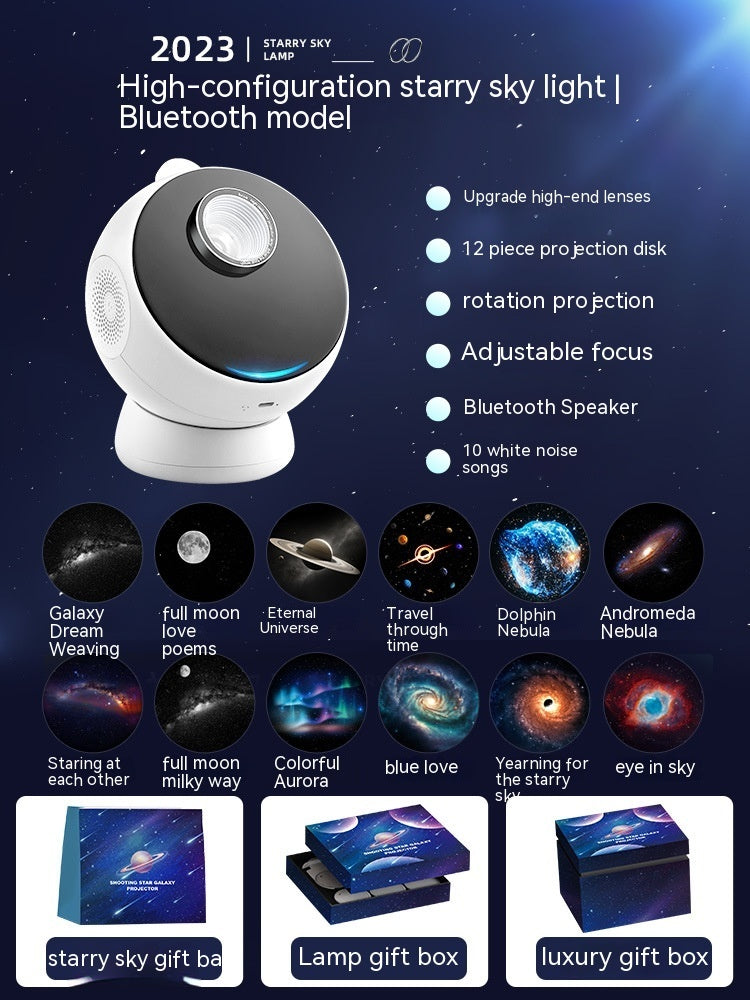 Glow Mode Galaxy Star Light Projector featuring Bluetooth speaker, 12 projection disks, and adjustable focus for ambience lighting and galaxy effects.