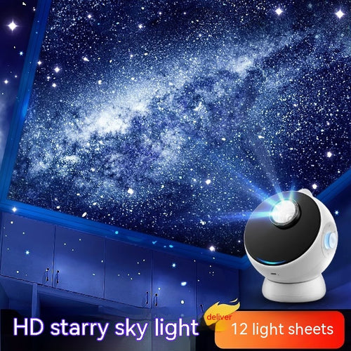 Galaxy Star Light Projector – Ambience Lighting with HD starry sky projection and 12 light sheets for immersive room decor and relaxation.