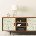 Hexagon contact paper applied to cabinet doors in a mid-century modern living room. Enhances furniture with removable self-adhesive design.