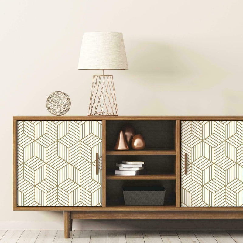 Hexagon contact paper applied to cabinet doors in a mid-century modern living room. Enhances furniture with removable self-adhesive design.