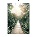 Coconut Tree Canvas Art - Modern Forest Canvas | Bamboo Quote with a wooden suspension bridge leading into a sunlit tropical forest.