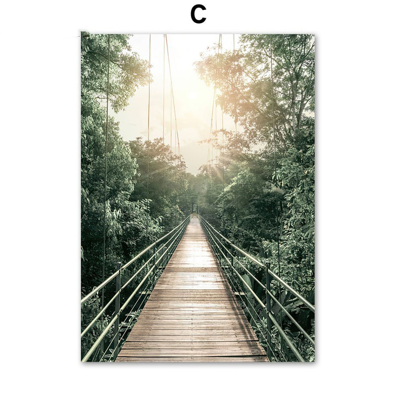 Coconut Tree Canvas Art - Modern Forest Canvas | Bamboo Quote with a wooden suspension bridge leading into a sunlit tropical forest.