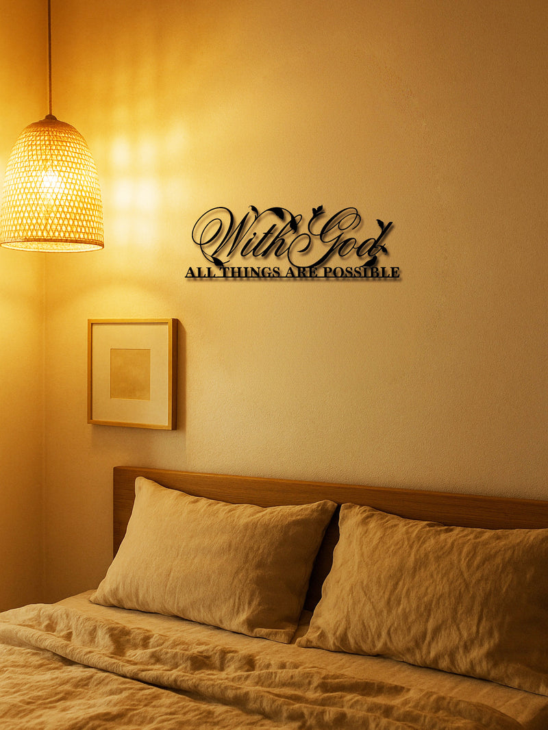 Religious Metal Wall Art featuring 'With God All Things Are Possible' above a bed with warm lighting. Faith-based wall sculpture for USA interiors.